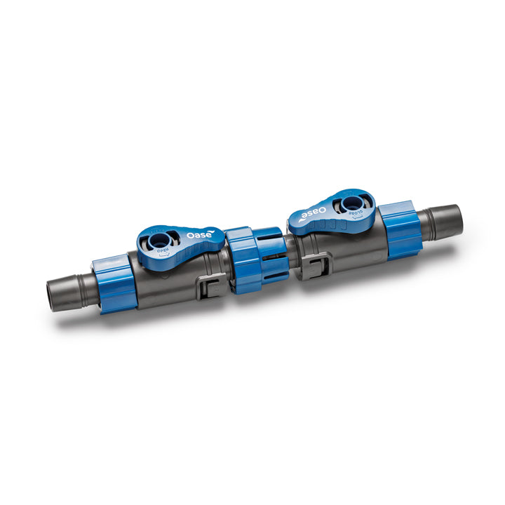 Rubinetto doppio ShutOff Valve Oase 16/22 mm per acquari, in plastica blu con manopole nere Rubinetto doppio ShutOff Valve Oase 16/22 mm per acquari, in plastica blu con manopole nere